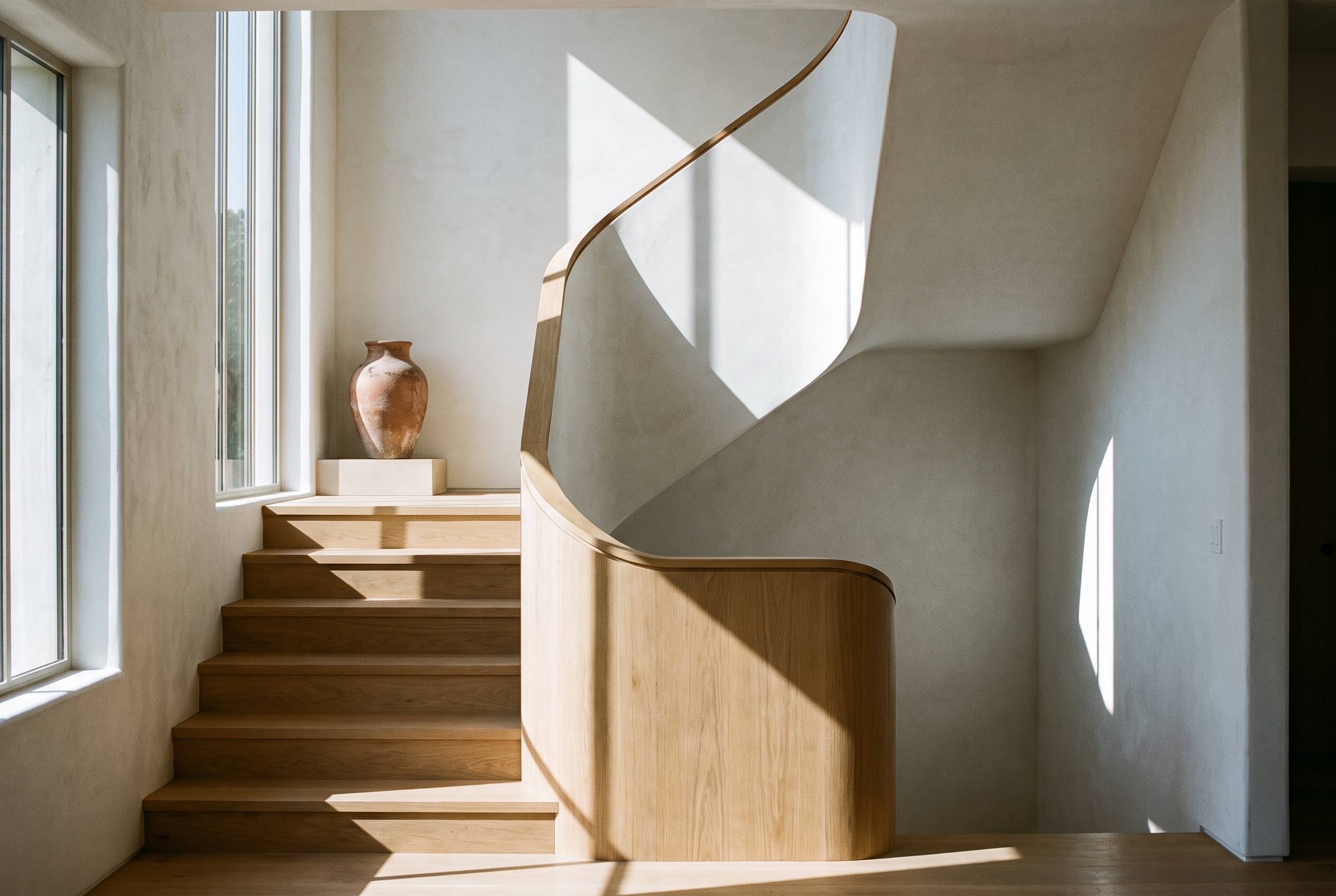 A joinery and interiors portfolio website, a staircase in warm oak.