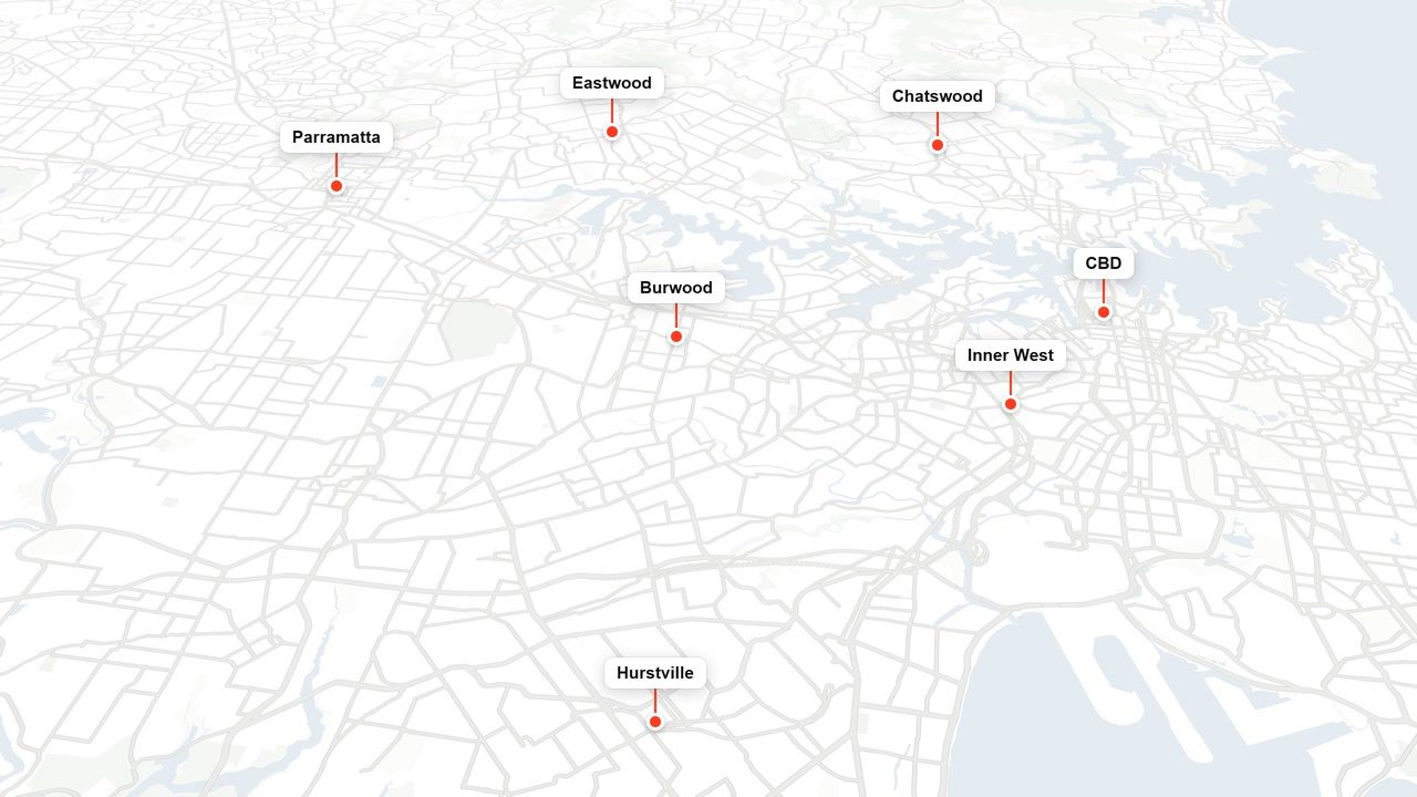 A map of Sydney showing the seven areas we visit: CBD, Inner West, Chatswood, Eastwood, Parramatta, Burwood and Hurstville.